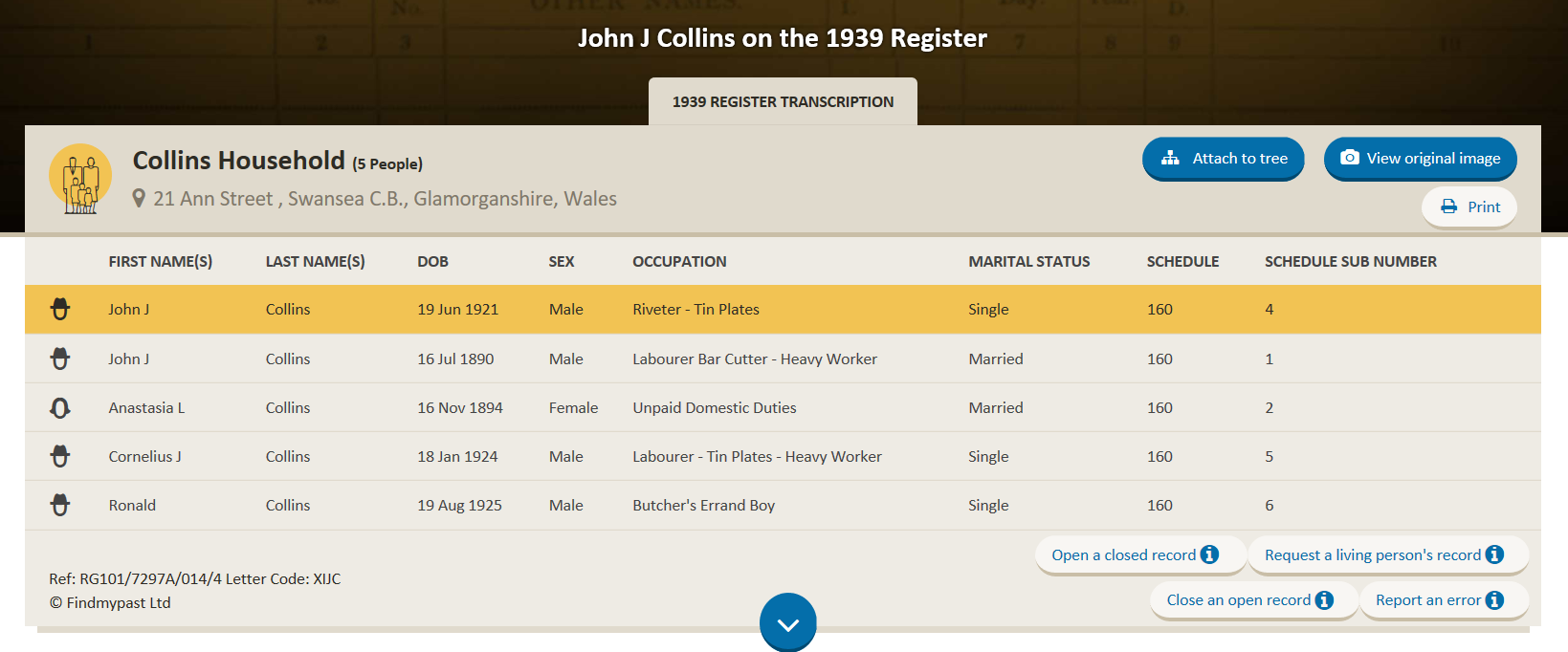1939 Register entry for John J Collins household, Ann Street, Swansea